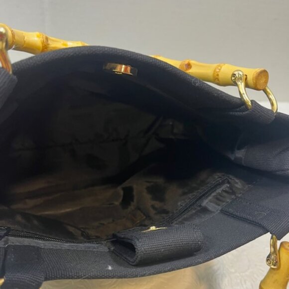 Black Tianni Handbag Embroidered Beaded Palm Trees Bamboo Handles 9"x4"x7.5" - Picture 9 of 14